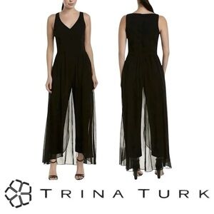 Trina Turk Uster Sleeveless Layered Silk One-Piece Jumpsuit Long Romper, Black 4